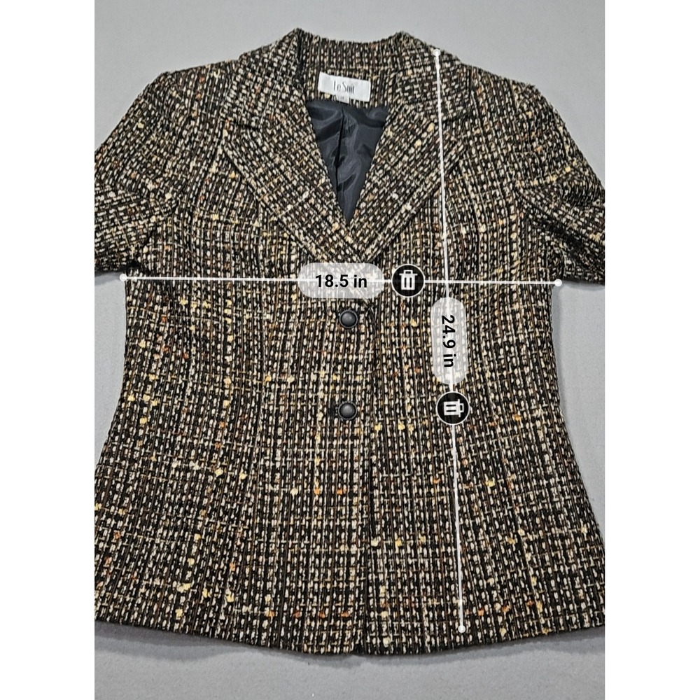 Le Suit VTG Style Tweed Blazer Skirt Set Brown Gold Plaid Sz 10 - Picture 3 of 14